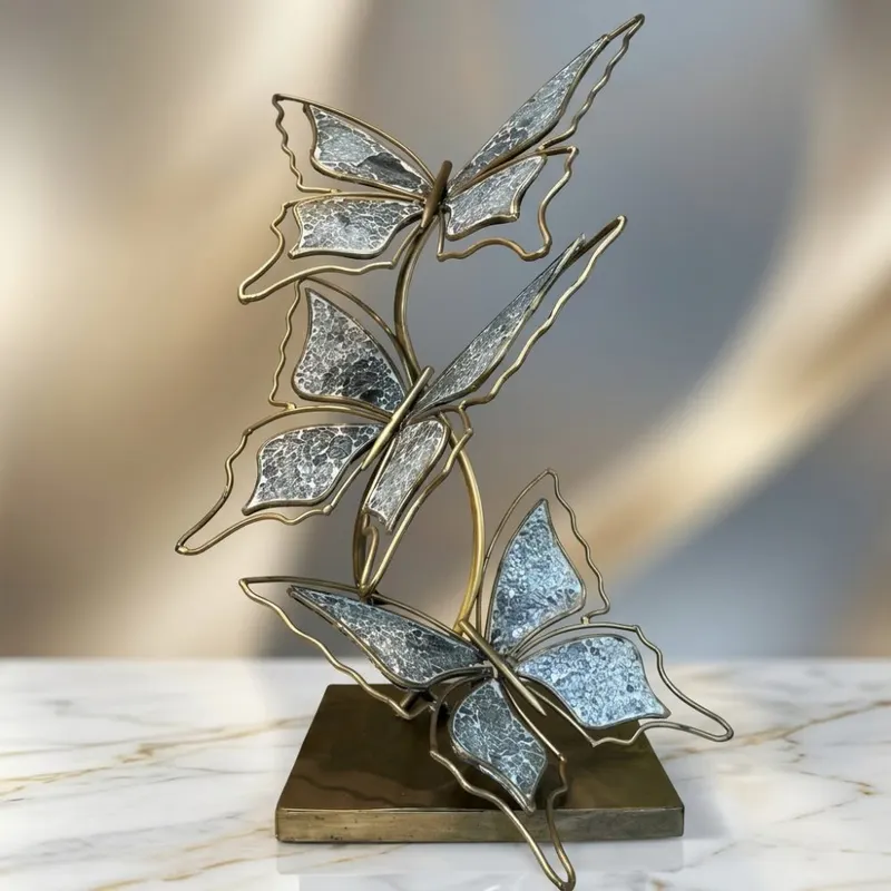 Modern Trio Butterfly Metal and Crackled Glass Table Sculpture